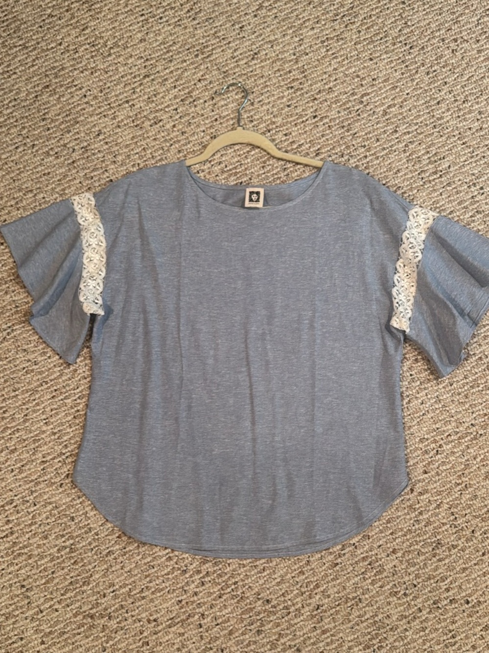 Anne Klein Light Blue Lace-Trim Flutter Sleeve Top
